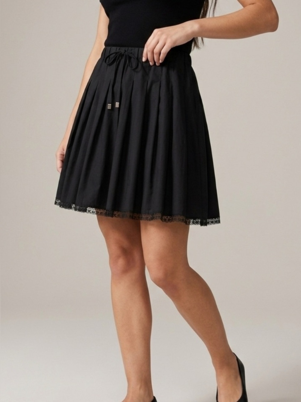 EUC J Crew Pleated tie-waist mini skirt black sz l 100% cotton pretty
